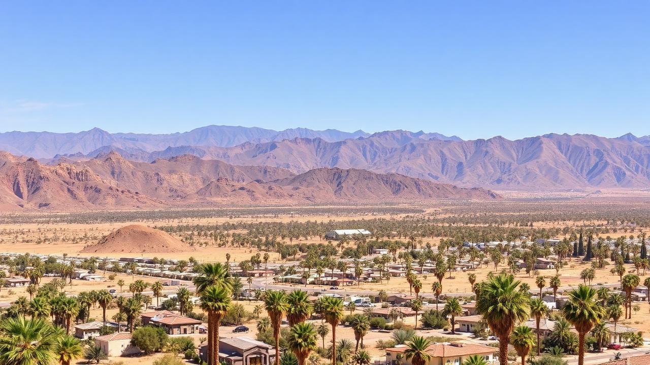 Coachella Valley California panoramic view with palm trees, residential community, and mountain backdrop served by A1 Plumbing Pros