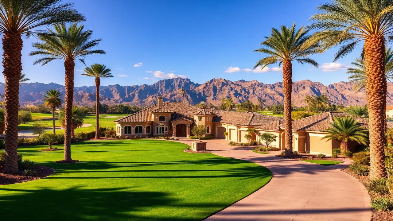 Luxury Indian Wells CA estate with palm trees, manicured lawn, and mountains served by A1 Plumbing Pros