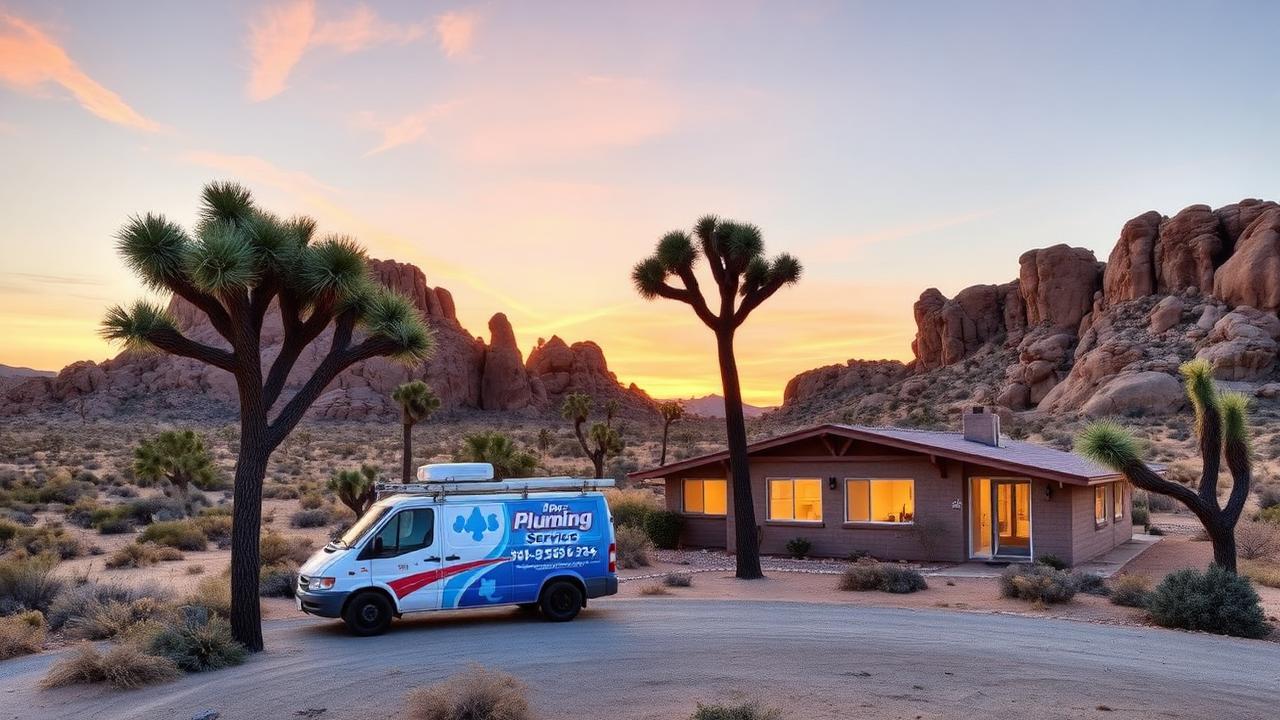 A1 Plumbing Pros van at a Joshua Tree CA desert home with Joshua trees and rock formations at sunset
