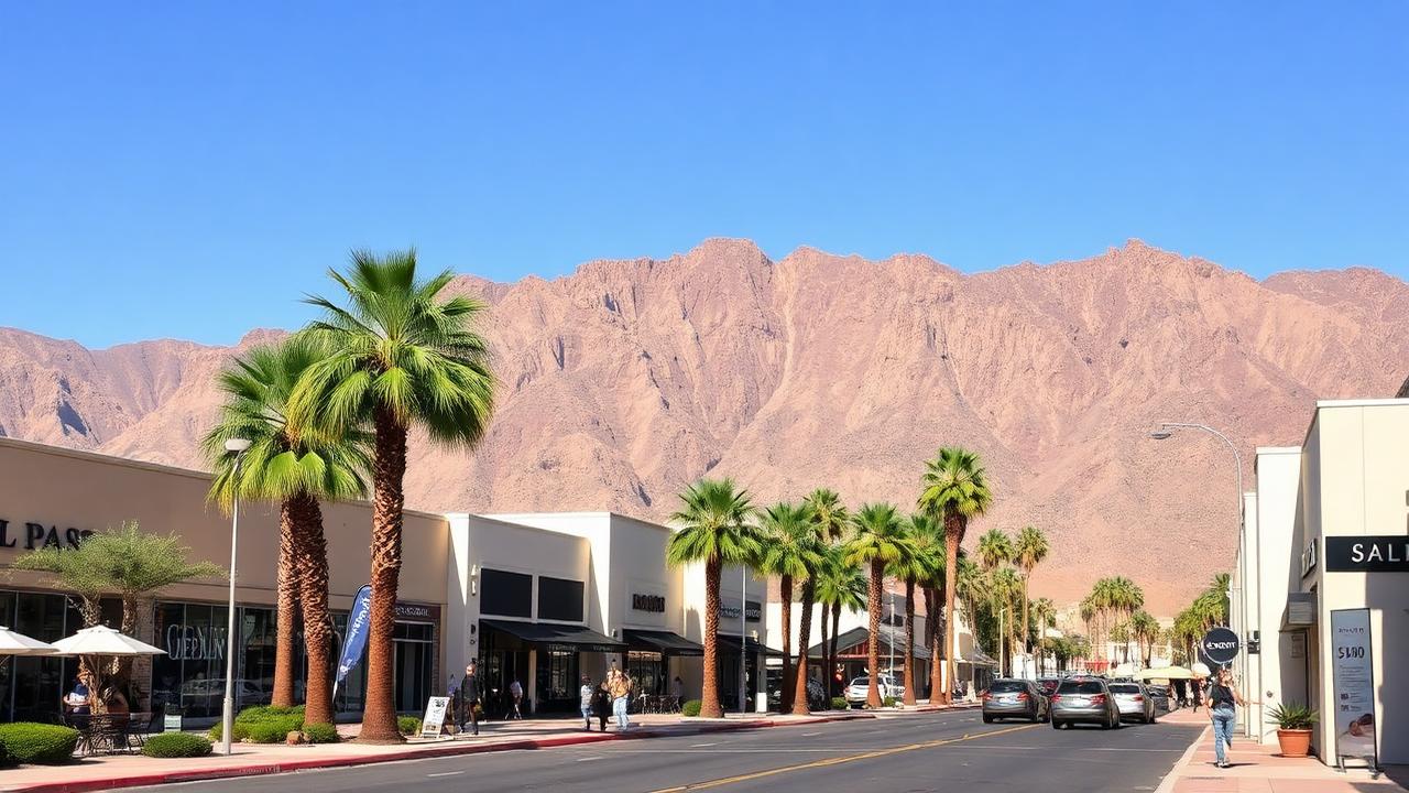 El Paseo shopping district in Palm Desert CA with palm trees and Santa Rosa Mountains served by A1 Plumbing Pros