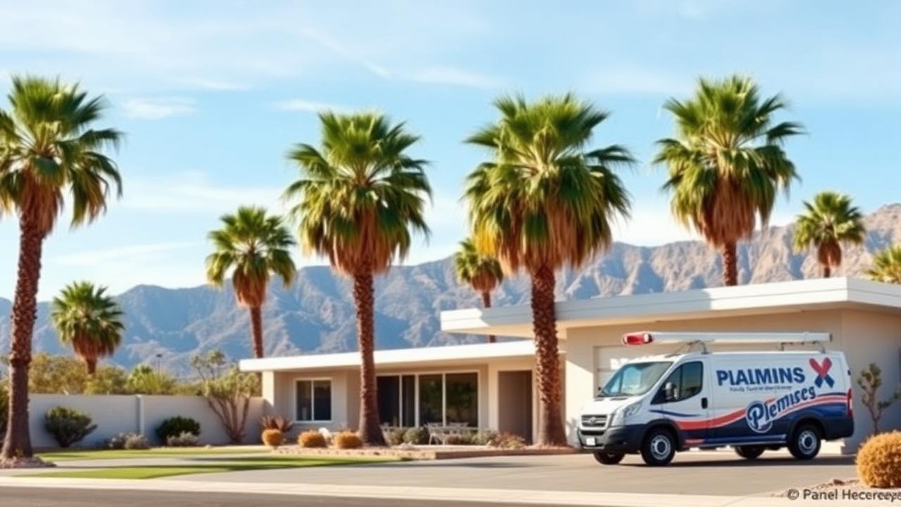 A1 Plumbing Pros service van at a mid-century modern Palm Springs CA home with palm trees and mountains