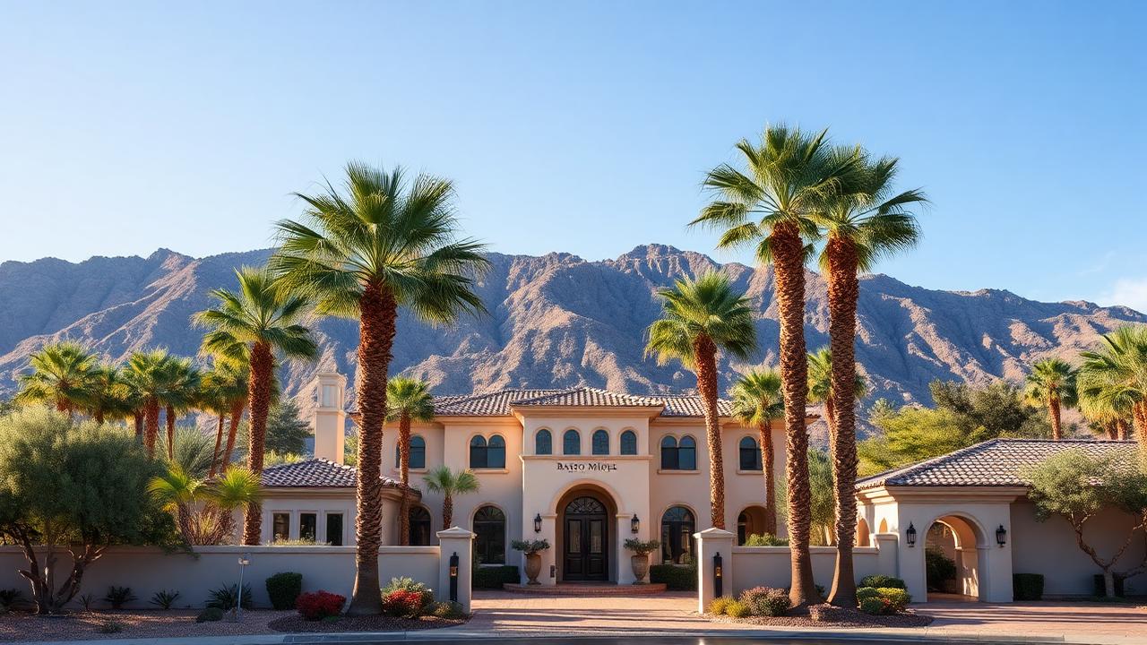 Upscale Rancho Mirage CA home with palm trees and mountain backdrop where A1 Plumbing Pros provides service