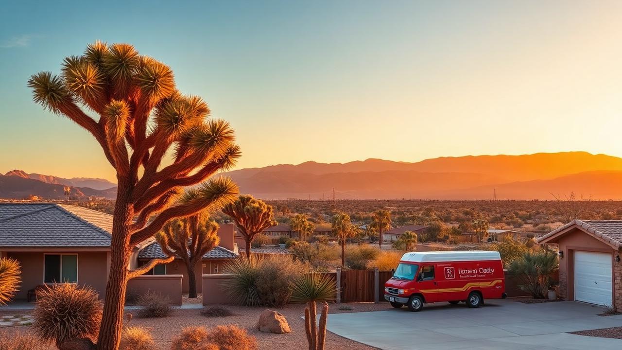 A1 Plumbing Pros service van parked at a Yucca Valley CA home with Joshua trees at sunset